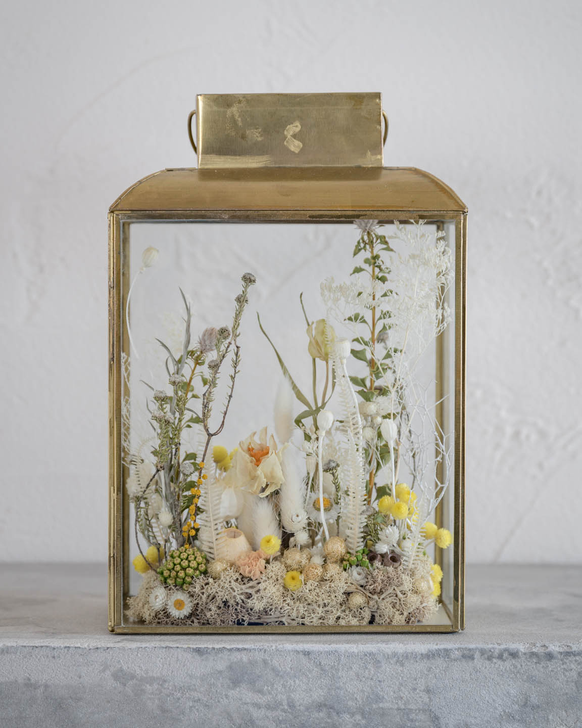 イエロー系・ドライフラワーテラリウム 「ランタンフラワー」 dried flower lantern terrarium 正面